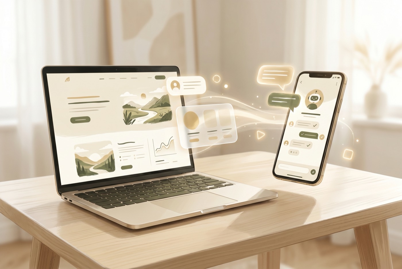 A laptop and phone using an AI assistant to evaluate a travel and clean energy website.