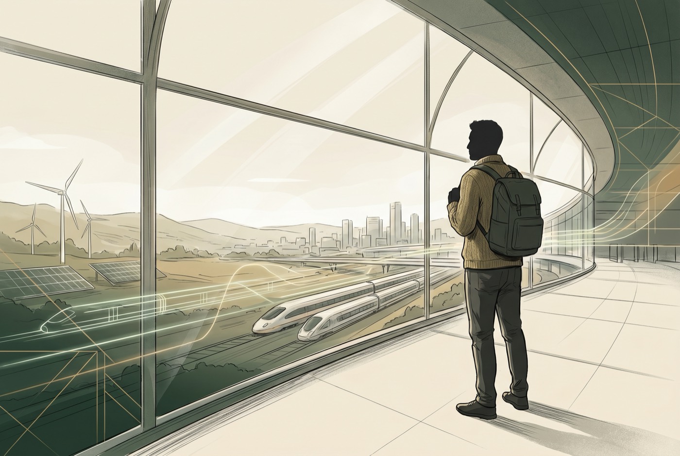 Traveler looking out across lower-carbon transport and clean energy infrastructure.