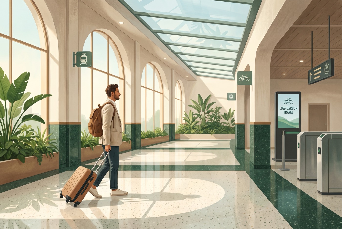 Traveler moving through a bright terminal toward a lower-carbon travel journey.